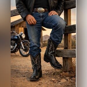 Old West Black Leather Cowboy Boots Mens 10D White Stitch Western